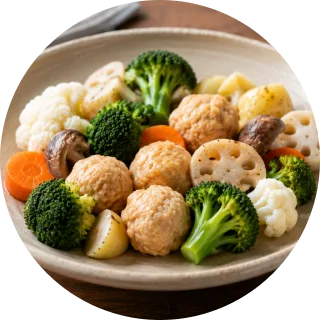 ブロッコリーなど野菜と鶏団子の盛り合わせ